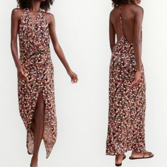 Free People Daria Halter Maxi Dress Floral Low Back Wrap Slit Plunge Size S NWT - Picture 1 of 14